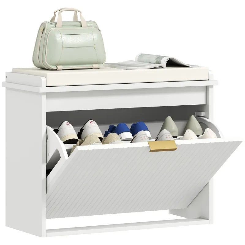 Shoe Storage Bench with Padded Seat Cushion and Flip-Drawer, Entryway Bench, Shoe Cabinet, 24.4x10.2x18.7 Inches, White