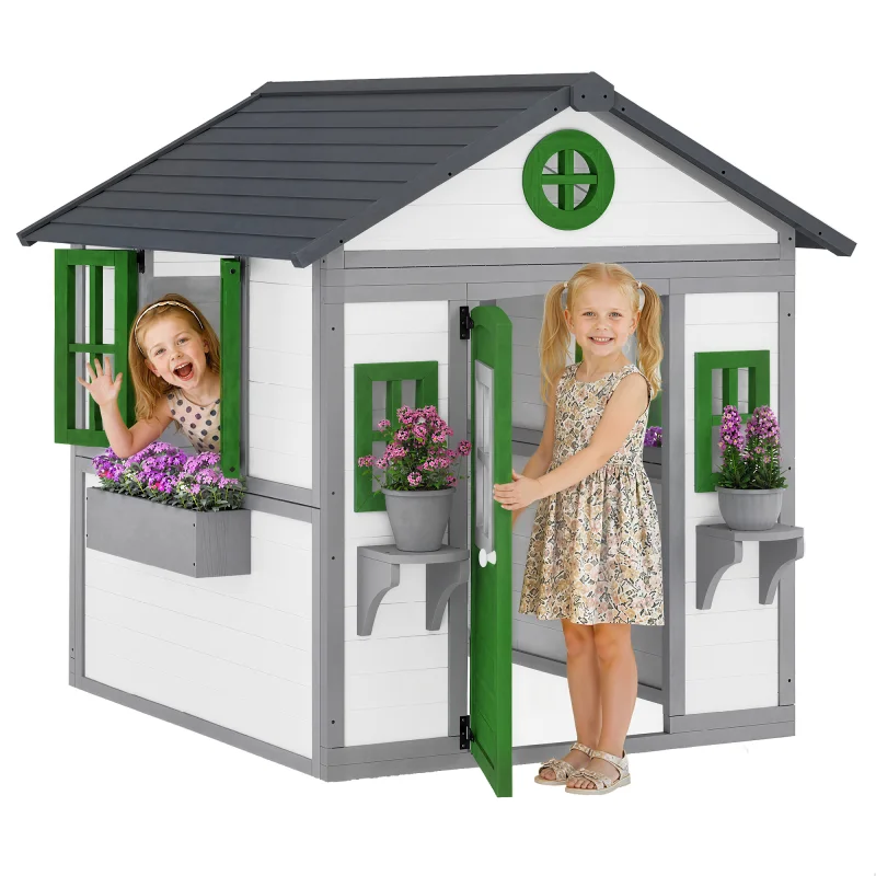 Wooden Playhouse for Kids Outdoor with Doors, Windows, Planter Pots and Boxes for Toddlers 3-8 Years, White