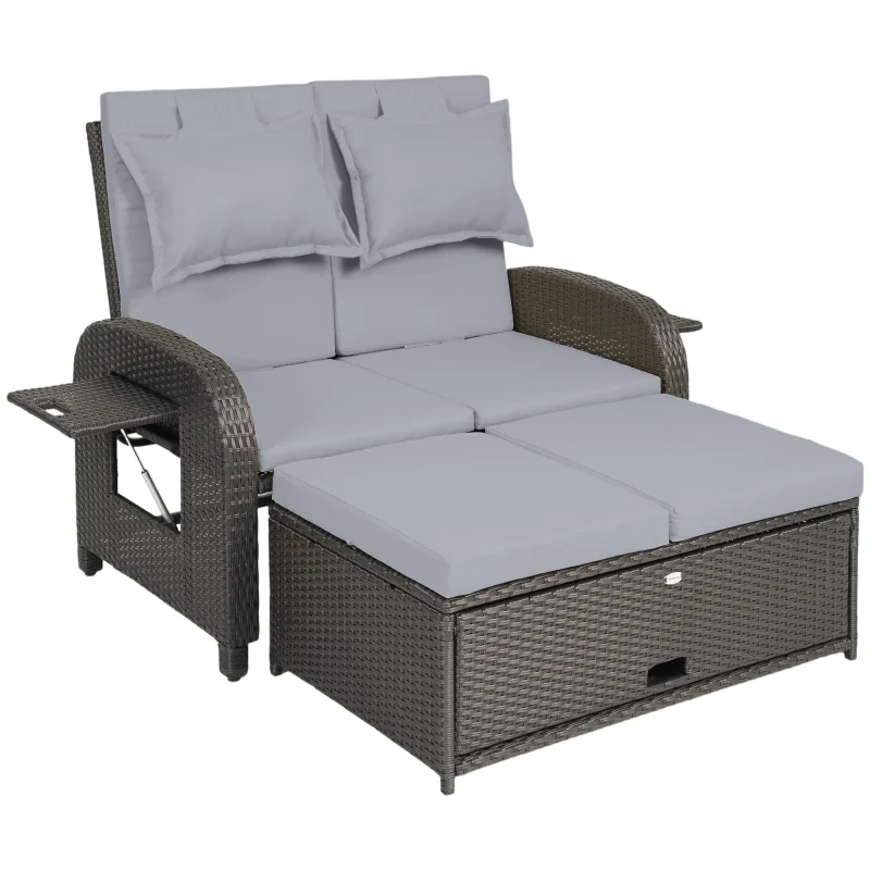 Patio Rattan Daybed, Wicker Outdoor Daybed with Storage Ottoman, Loveseat w/ Adjustable Backrest, Gray