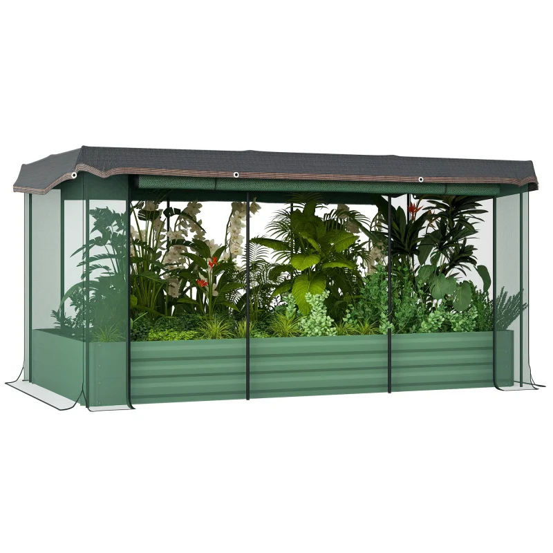 Galvanized Steel Planter Box with Crop Cage and Shade Cloth, Raised Garden Bed for Flowers, Veggies and Herbs, Green