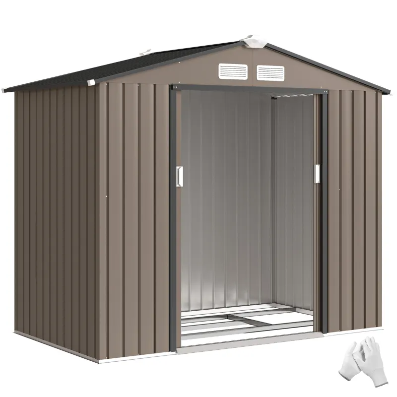 7' x 4' Outdoor Storage Shed, Garden Tool House w/ Foundation Kit Vents & Sliding Doors for Backyard Patio, Brown