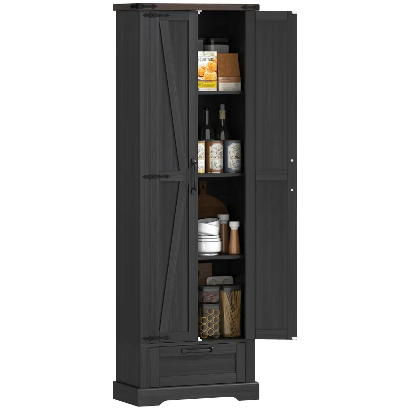 71" Pantry Cabinet, Kitchen Storage Cabinet with Adjustable Shelves, Barn Doors and Drawer for Dining Room, Black