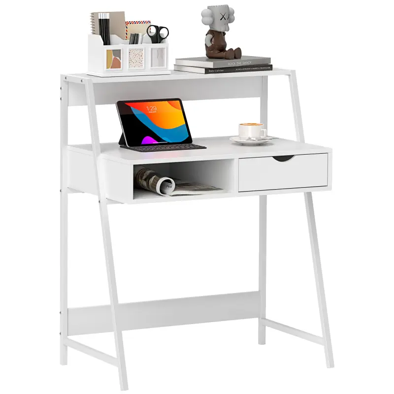 Home Office desk, Computer Desk for Small Spaces, Study Table with Drawer and Storage Shelves, White