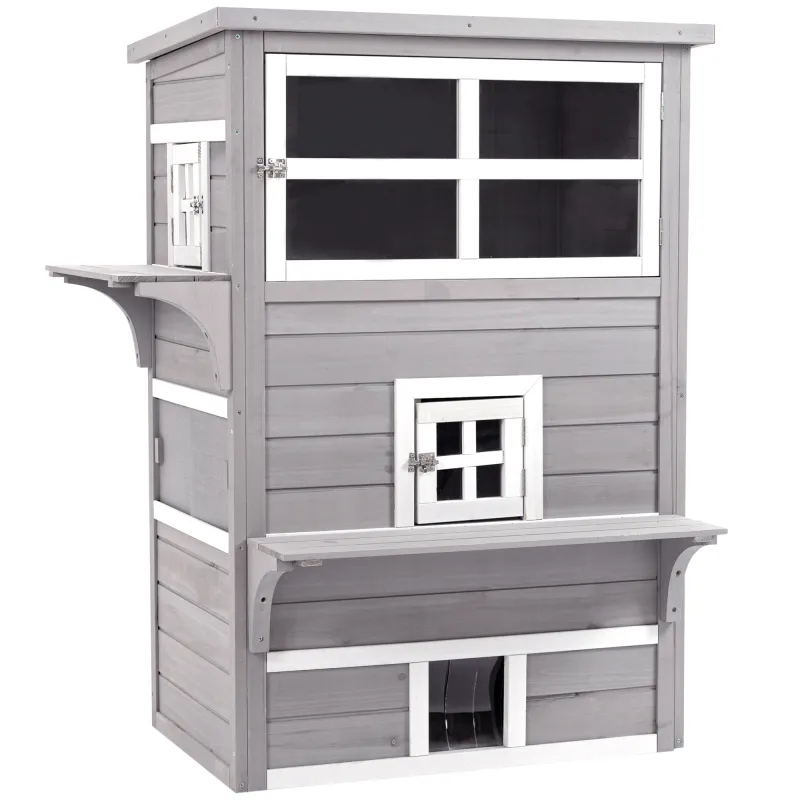 Cat House, Outdoor 3-Tier Kitty Shelter, Weather Resistant, w/ Escape Door