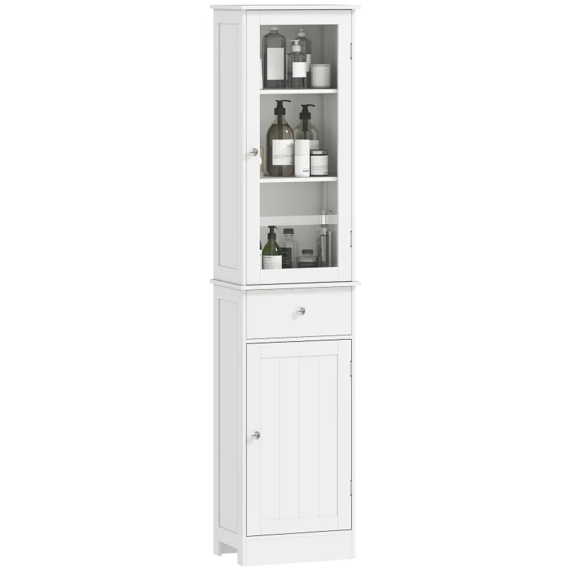 Slim Bathroom Storage Cabinet, Tall Bathroom Cabinet, Narrow Linen Tower with Acrylic Door, Drawer and Shelves, White