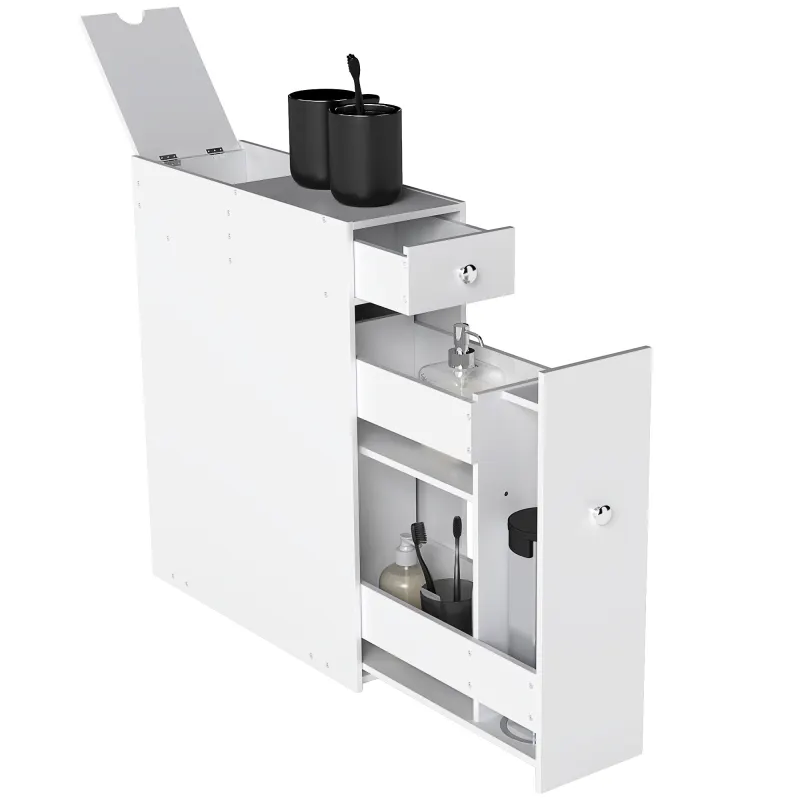 Bathroom Floor Organizer Free Standing Space Saving Narrow Storage Cabinet Bath Toilet Paper Holder with Drawers White