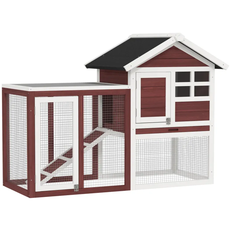 49" Wooden Rabbit Hutch Bunny Cage with Waterproof Asphalt Roof, Fun Outdoor Run, Removable Tray and Ramp, Brown
