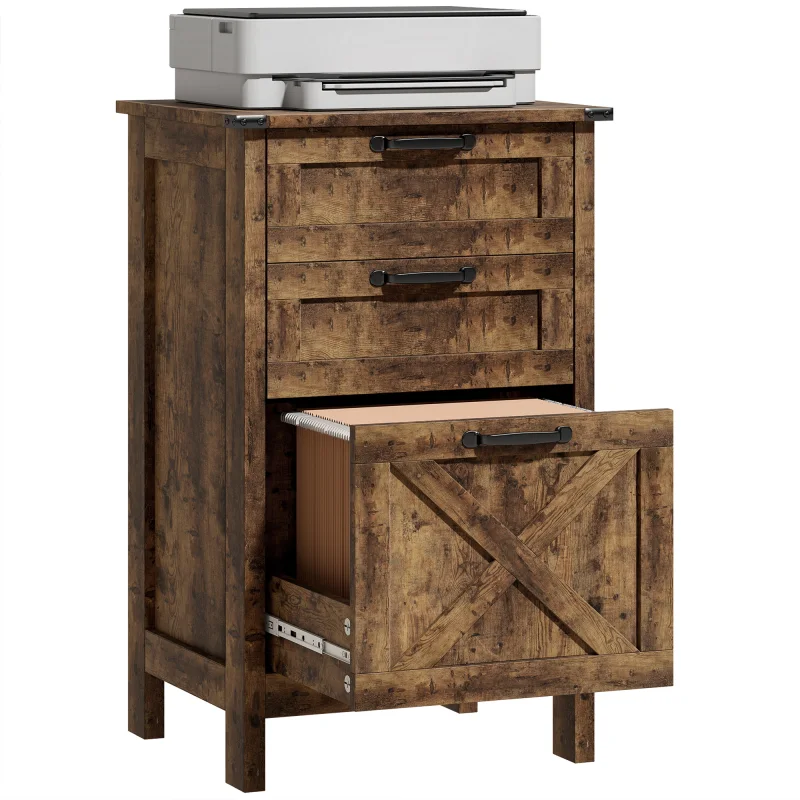 Vertical File Cabinet with 3 Drawers, Rustic Farmhouse Office Storage Cabinet for A4, Letter Size, Rustic Brown