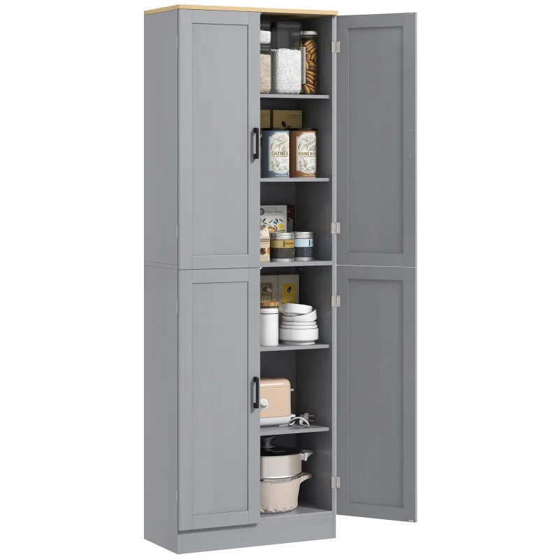 Freestanding Kitchen Pantry, 4-Door Kitchen Pantry Cabinet with Adjustable Shelves and Doors, Distressed White