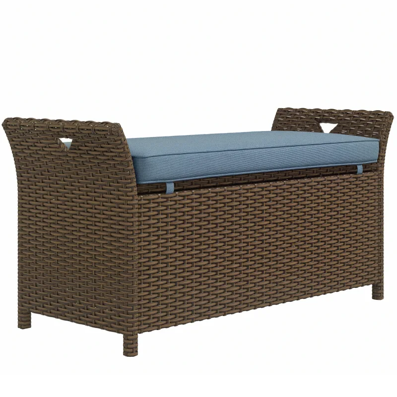 Outdoor Patio Wicker Storage Bench, 2-In-1 Rattan Patio Furniture, 29 Gal Storage Box w/ Cushion, Dark Blue