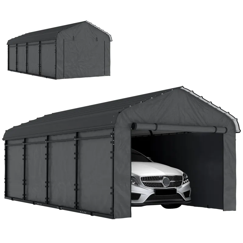 12' x 20' Metal Carport, Heavy Duty Garage Car Canopy with Galvanized Metal Roof and Removable Sidewalls, Dark Gray