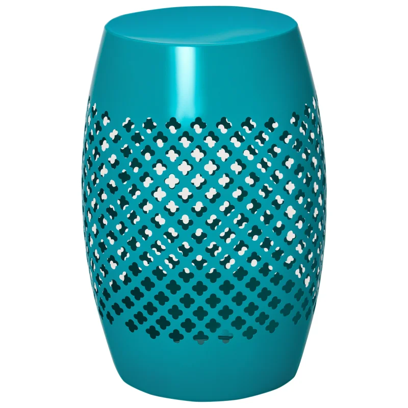 12" Steel Outdoor Side Table, Round Hollow Drum Patio End Table, Accent Table for Indoor and Outdoor, Blue