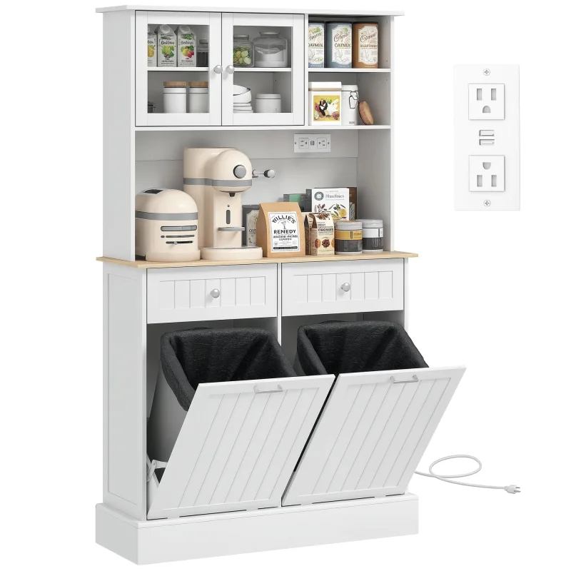 Kitchen Cabinet with Charging Station, 2 Tilt Out Cabinets, Microwave Stand, Freestanding Kitchen Pantry Cabinet, White