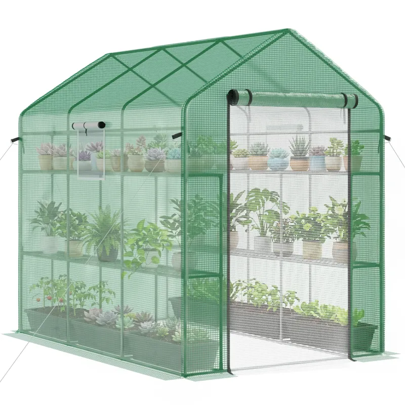 7' x 5' x 6' Walk-in Greenhouse for Outdoors with Mesh Door and Windows, 18 Shelf Hot House with Trellis, Green
