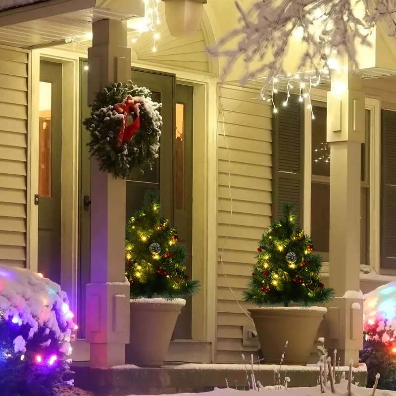 24in Christmas Tree 2-Pack Outdoor Pre-Lit Artificial Pine Cordless with 24 Warm White Lights and Stakes