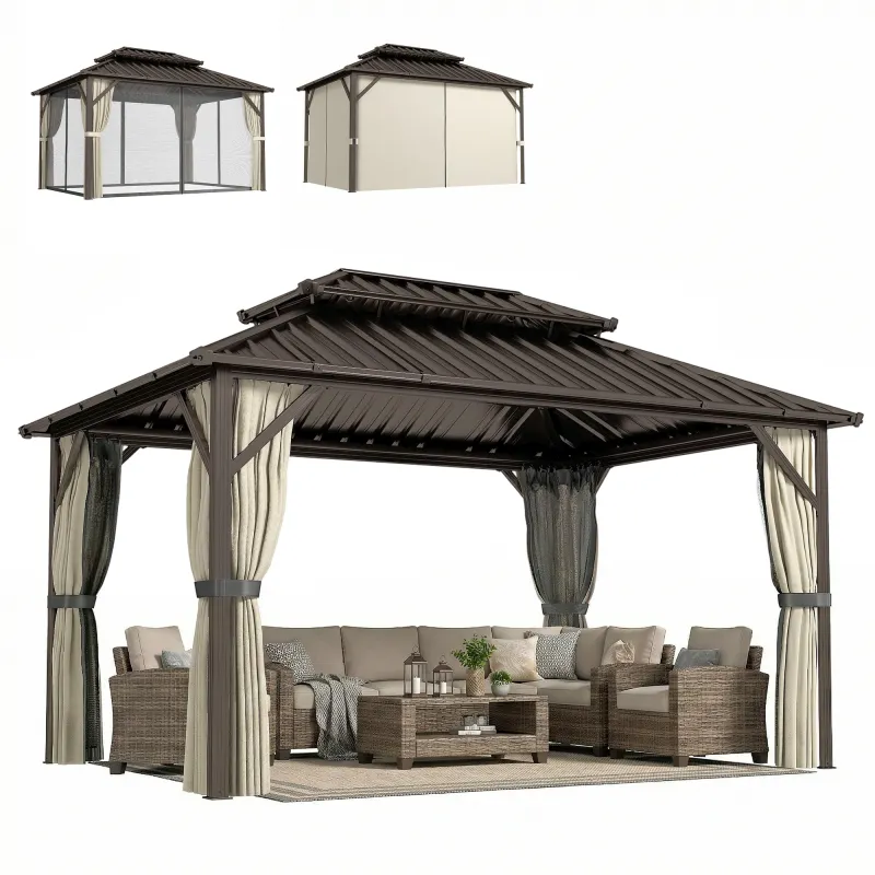 10' x 14' Hardtop Gazebo with Double Galvanized Steel Roof Canopy, Aluminum Frame Permanent Gazebo, Brown