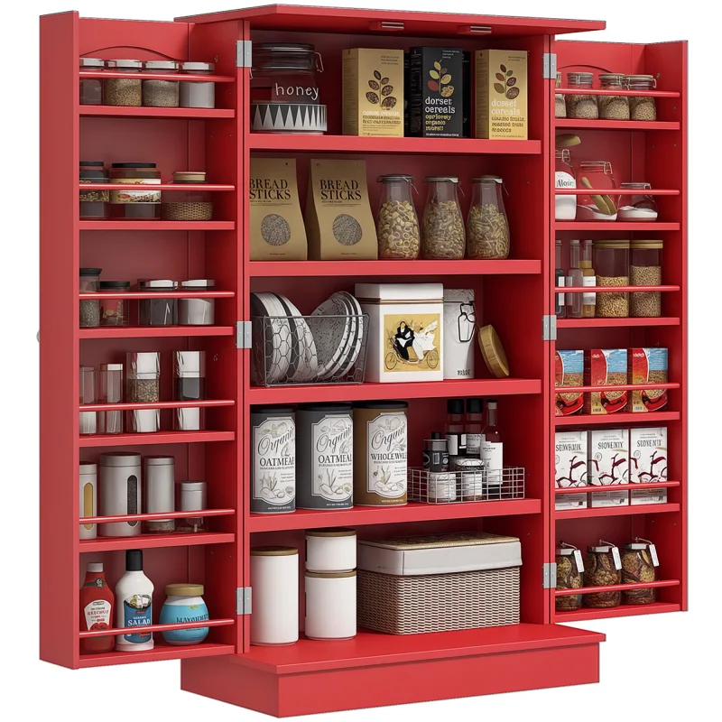 Freestanding Kitchen Pantry Cabinet, Kitchen Cabinet with 12 Door Shelves, Double Doors, 5-tier Shelving, Red