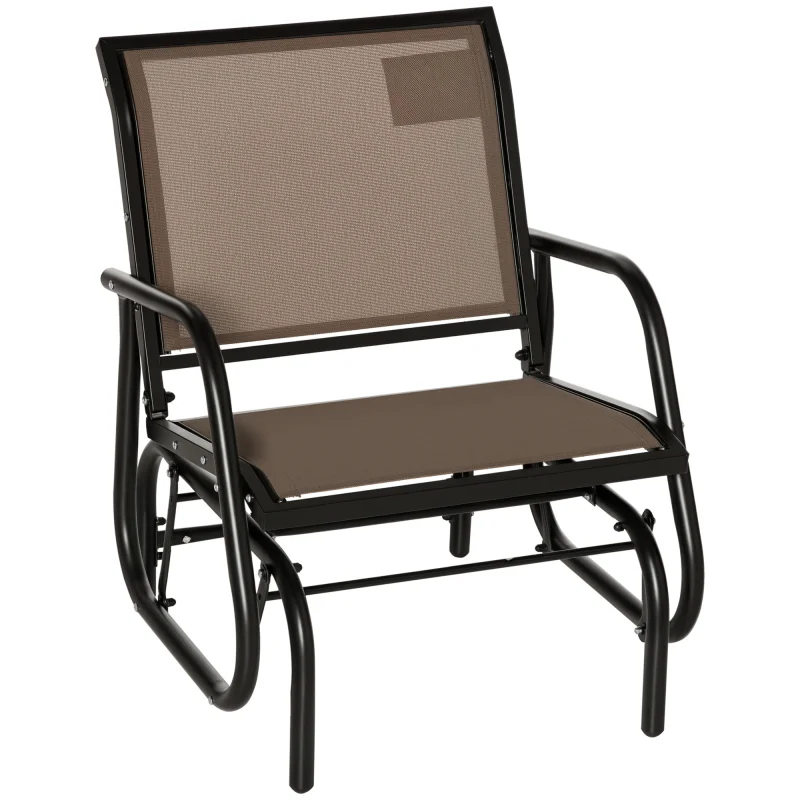 Porch Glider, Metal Frame Swing Glider Chair with Breathable Mesh Fabric, Curved Armrests and Steel Frame for Garden, Poolside, Backyard, Balcony, Brown