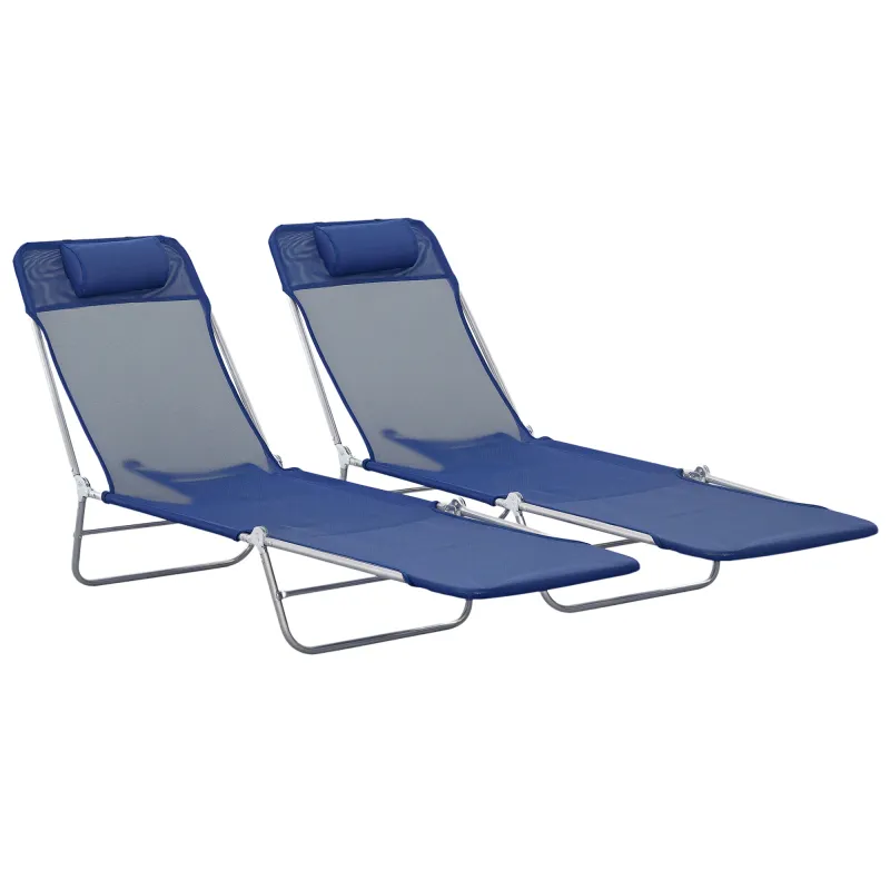 2 Piece Sun Loungers, Folding Chaise Lounge Chairs with Reclining Back, Breathable Mesh Seat, Headrest, Dark Blue