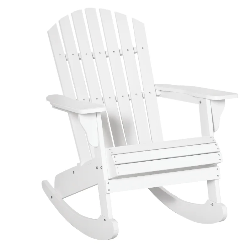 Wooden Adirondack Rocking Chair Outdoor Lounge Chair Fire Pit Seating with Slatted Wooden Design, Fanned Back, White
