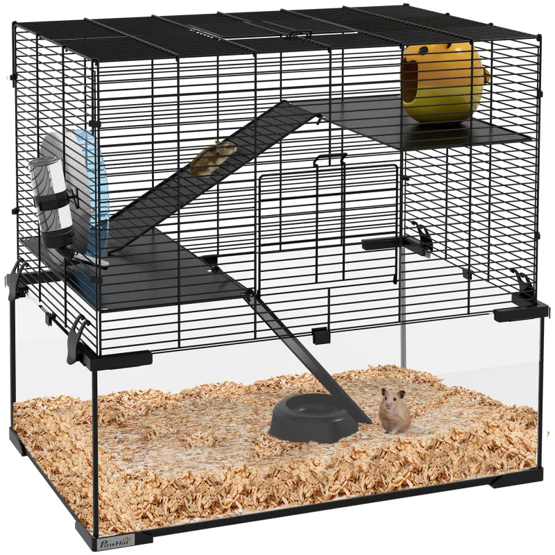 23.5" Hamster Cage, Gerbil Cage with Glass Basin for Small Hamsters, Black