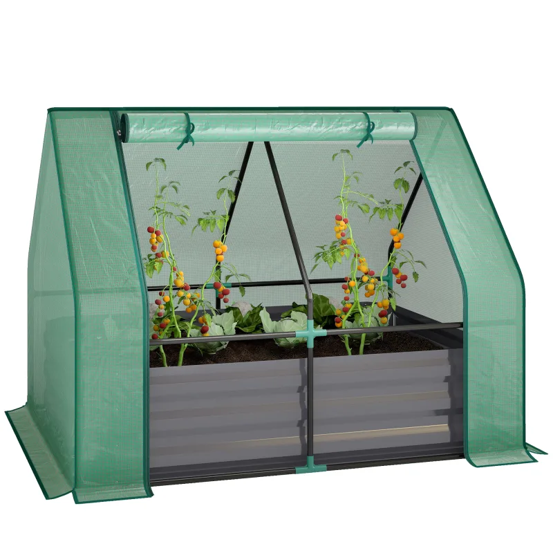 4 x 3ft Raised Garden Bed with Mini Greenhouse, Galvanized Raised Garden Bed with Cover, Green and Dark Gray