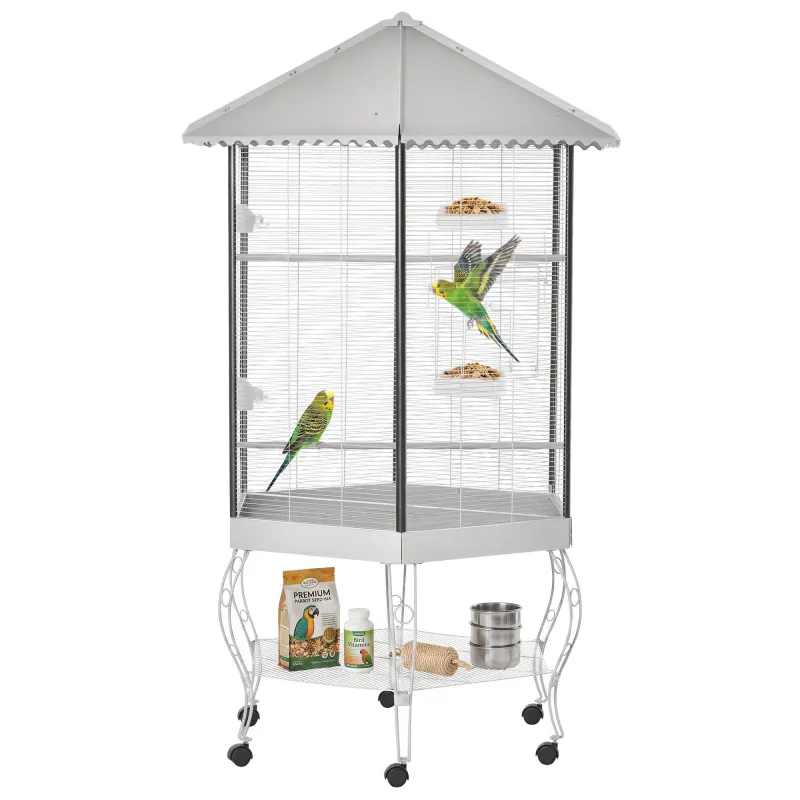 77" Flight Bird Cage Hexagon Covered Canopy Portable Aviary With Storage
