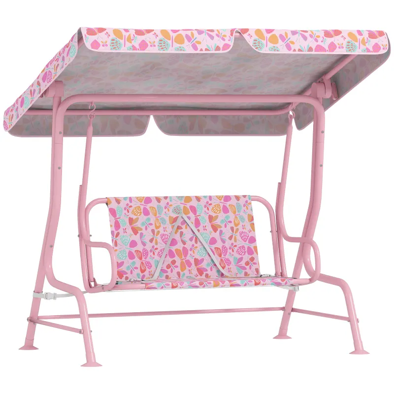 Kids Patio Swing, 2-Seater Outdoor Porch Swing with Safety Belt and Adjustable Canopy for Backyard Garden, Pink