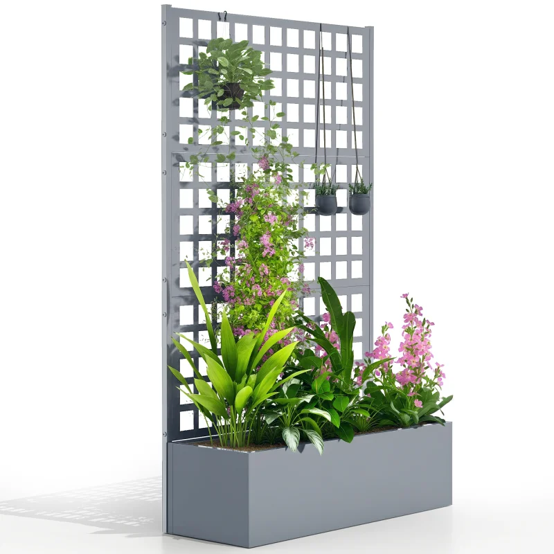 Galvanized Raised Garden Bed Planter Box with Trellis for Climbing Plants, Vegetable, Vines, 43" x 16" x 70", Gray