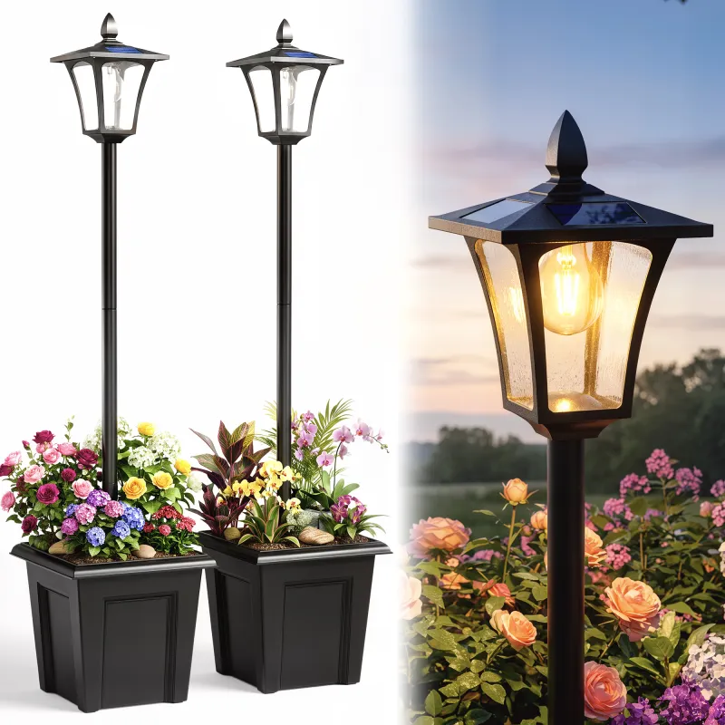 63" Solar Lamp Post Lights 2 Pack, Waterproof LED Solar Light Posts with Planter, Black