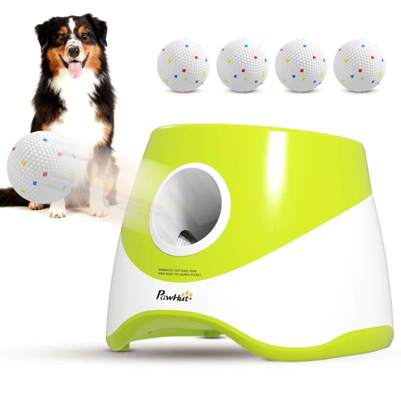 Automatic Dog Ball Launcher, Dog Ball Thrower with 5 2.3" ETPU Balls, 3 Distance Settings (20/33/46 ft) for Small Medium Pets, Green
