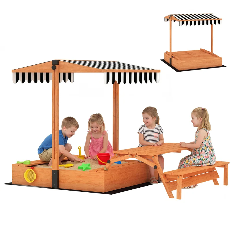 Kids Sandbox with Lid, Wooden Sand Pit with Canopy, Foldable Picnic Table, Bench Seats, Bottom Liner, Cover, Brown
