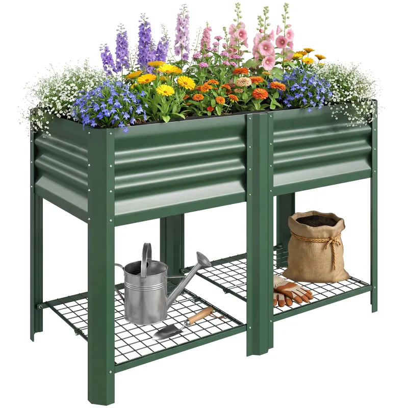 Raised Garden Bed Galvanized Steel, Elevated Planter Box with Storage Shelf, Bed Liner, 31.5" High, Green