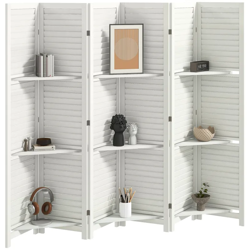 6 Panel 67" Tall Wood Privacy Screen Room Divider with 3 Shelves and Folding Storage for Bedroom, White
