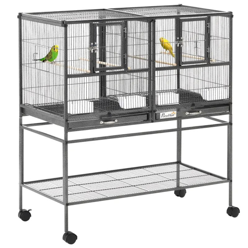 Divided Breeder Bird Cage with Rolling Stand Removable Metal Tray, Storage Shelf, Wood Perch, and Food Container