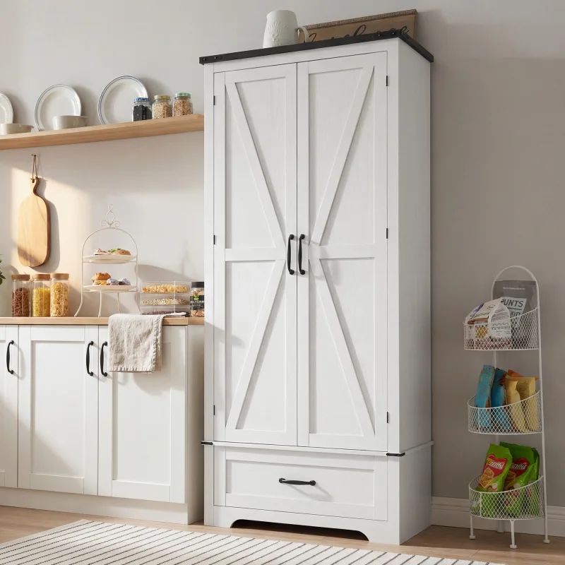 72" Farmhouse Pantry Cabinet with Adjustable Shelves, Kitchen Pantry Cabinet with 2 Doors, Distressed White