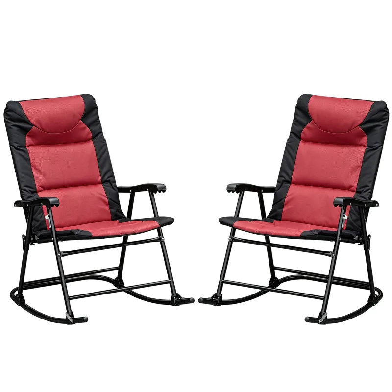 2 Piece Outdoor Patio Furniture Set with 2 Folding Padded Rocking Chairs, Bistro Style for Porch, Camping, Balcony, Red