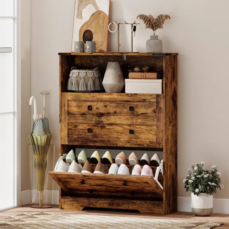 Shoe Cabinet with 2 Flip Drawers, Narrow Shoe Storage Cabinet, Rustic Brown