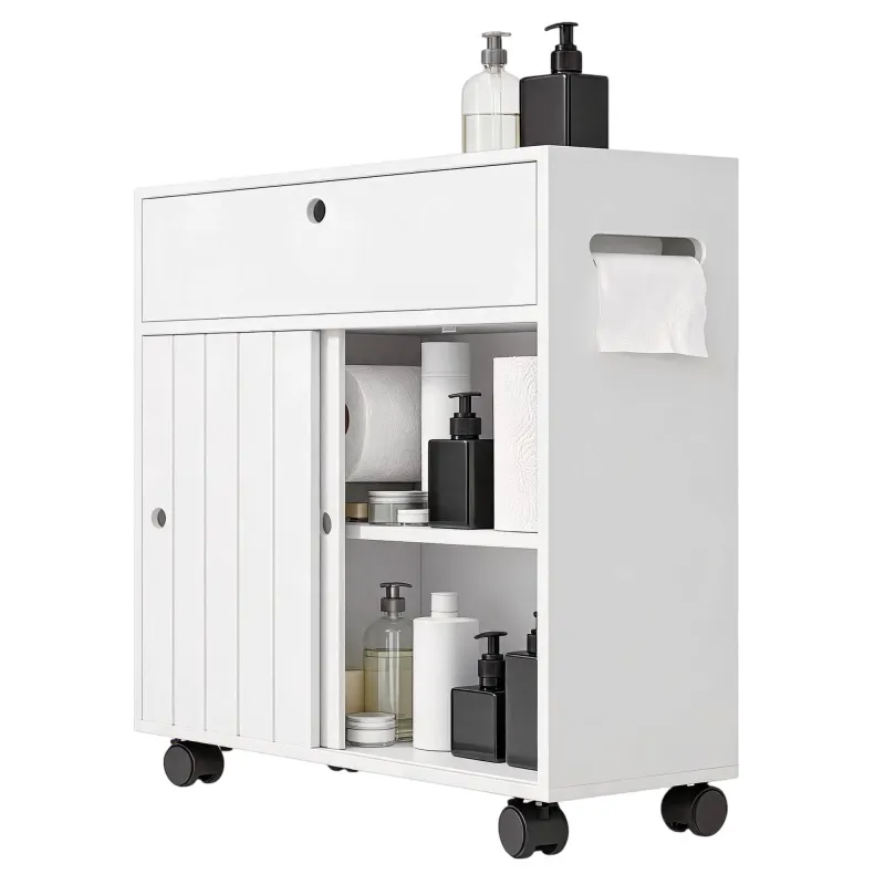 Toilet Paper Cabinet, Slim Bathroom Cabinet with 4 Rolling Wheels, Small Bathroom Storage Cabinet with Paper Holes, Sliding Doors and Adjustable Shelf for Small Space, White