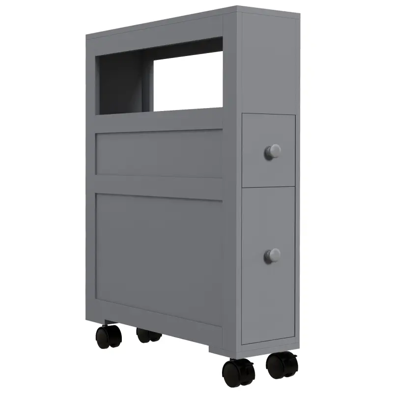Space Saving Narrow Bathroom Storage Cabinet, Bath Toilet Paper Holder with Drawers and Rolling Wheels, Gray