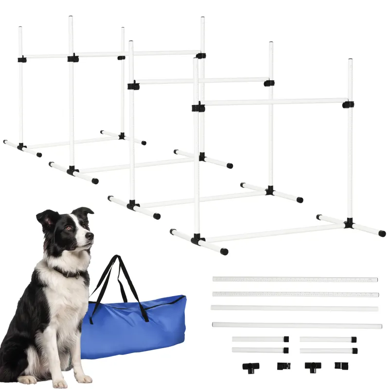 4 Piece Dog Agility Training Equipment for Dog Agility Course with Adjustable Height Jump Bars, Included Carry Bag, & Displacing Top Bar, White