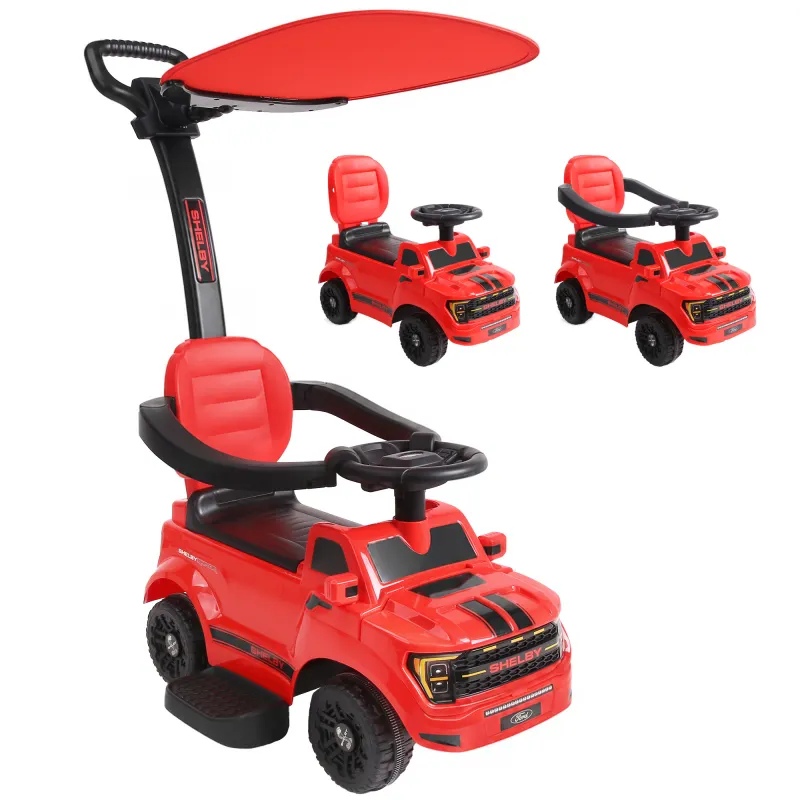 3-in-1 Push Car for 1-3, Licensed FORD Shelby Sliding Walking Car with Parent Handle, Canopy, Guardrail, Storage, Red