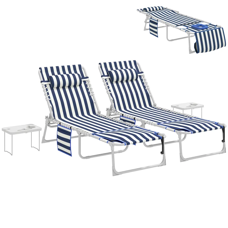 Tanning Chair Set of 2 with Face Hole and Side Table, 5-Position Folding Outdoor Chaise Lounge Chair, Blue and White