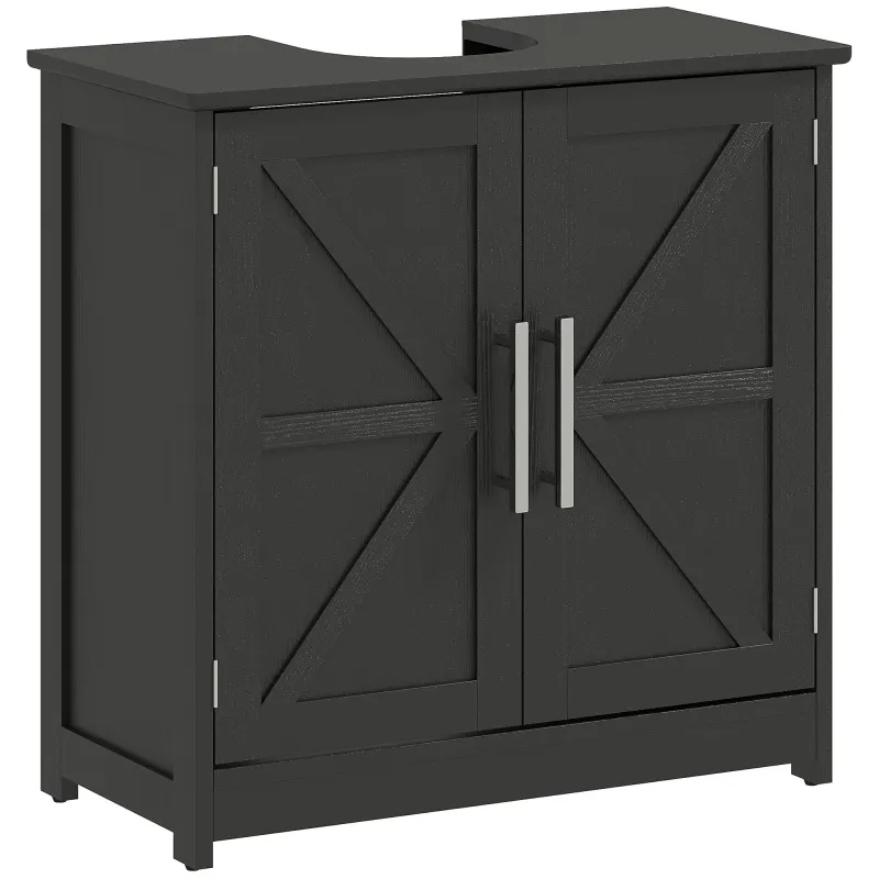 Farmhouse Pedestal Sink Storage Cabinet, Bathroom Sink Cabinet with 2 Barn Doors and Adjustable Shelf, Distressed Black