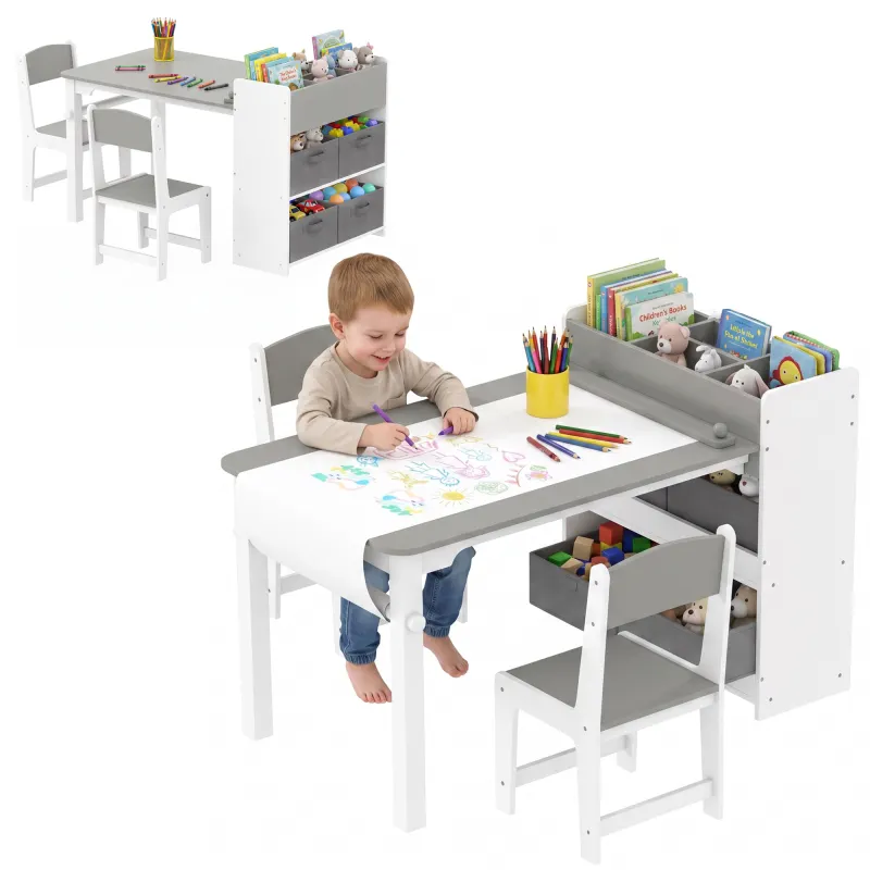 Kids Desk and Chair Set with Paper Roll, Kids Activity Craft Table with Storage Shelves and Drawers, Gray