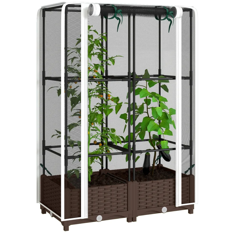 Raised Garden Bed with Trellis, 46.5" Tomato Cage with Crop Cage, Self Watering Planter Box with Drainage Holes, White