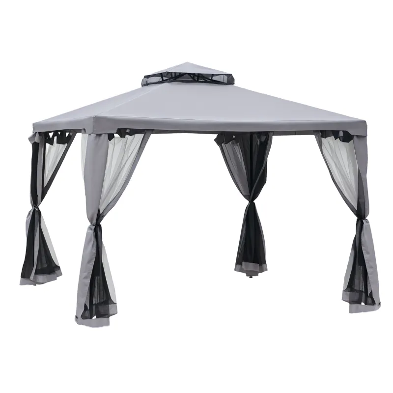 9.6' x 9.6' Patio Gazebo, Outdoor Canopy Shelter with 2-Tier Roof and Netting, Steel Frame for Garden, Lawn, Backyard, and Deck, Gray