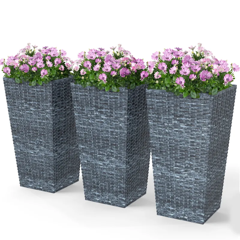 Tall Planters for Outdoor Plants Set of 3, 24 In Taper Planters with Drainage Holes, Rattan Decor Plant Pots for Indoor Outdoor Front Porch Patio Backyard, Gray