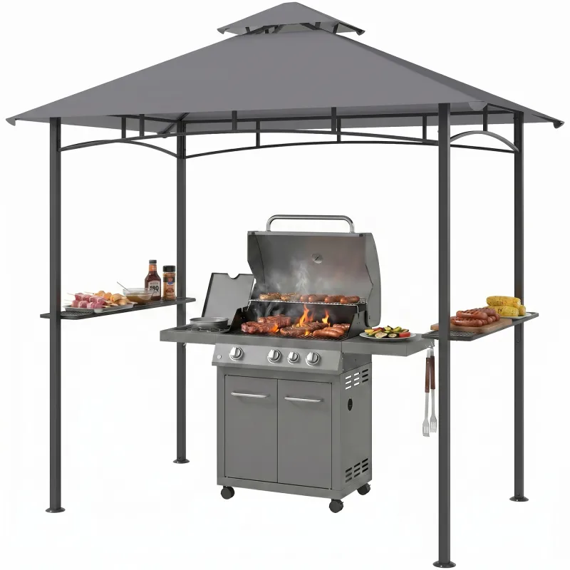 8' x 5' Grill Gazebo with Double Roof, Outdoor BBQ Canopy Gazebo with 2 Side Shelves for Patio Yard Garden Gray