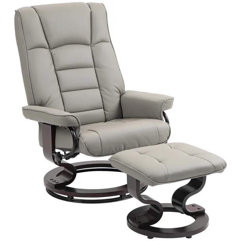 Faux Leather Reclining Chair with Ottoman, Manual Recliner with Tufted Back and Wood Frame for Living Room, Gray